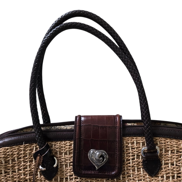 Brighton Straw Handbag Shoulder Bag Brown Leather Silvertone - Picture 3 of 11